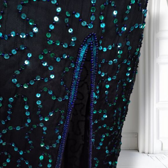 Vintage 90s Sequin Formal Prom Evening Dress Size L Halter Neck Thigh Slit - Picture 12 of 16